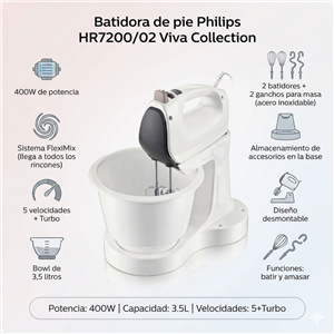 Batidora Philips HR7200/02 De Pie 3.5 Litros 400W Blanca