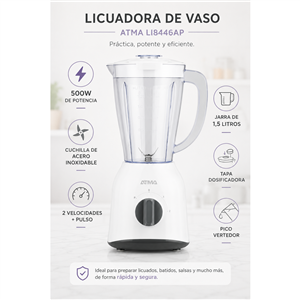 Licuadora Atma LI8446AP de Vaso 500W 1.5 Litros 2 Velocidades Blanca